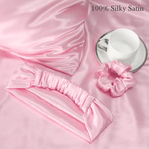 Satin Silky Cooling Pillowcase for Hair & Skin w/Scrunchie Queen Set of 2 Pink - Picture 3 of 10